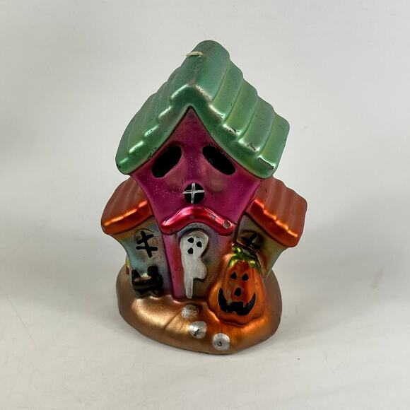 Halloween Haunted House Ghost Pumpkin Wax Candle Painted 5.75" Decor Display - Picture 2 of 14